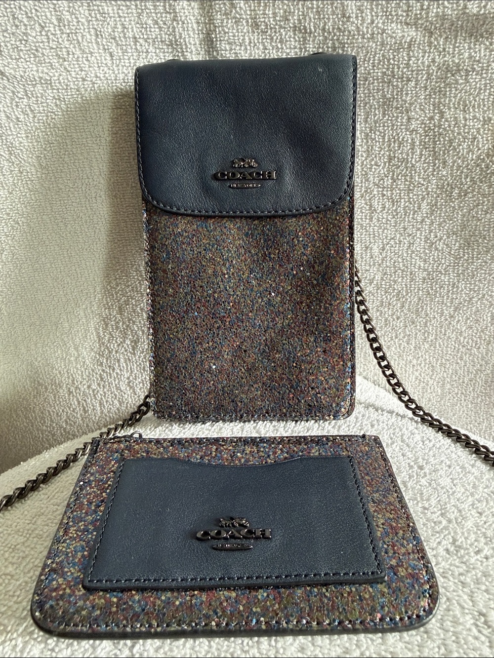 Coach Multicolor glitter Crossbody Phone Pouch with Navy w/ card holder